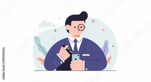 Cartoon man in suit with monocle holds smartphone and stylus, plants