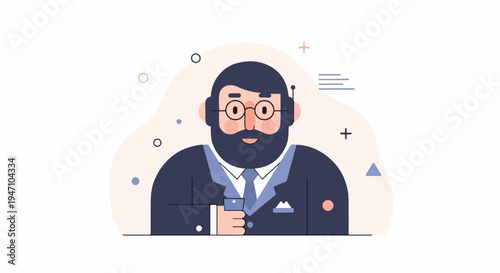 Cartoon man in suit with beard and glasses holds glass, abstract background