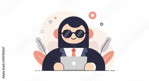 Animated character in suit and sunglasses using a laptop