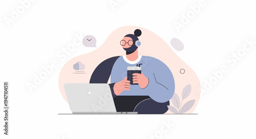 Person with headphones and glasses works on laptop, holding a drink