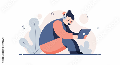 Person wearing headphones, sitting on floor with laptop and plants