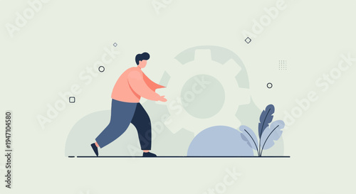 Person pushing gear, abstract shapes and plants