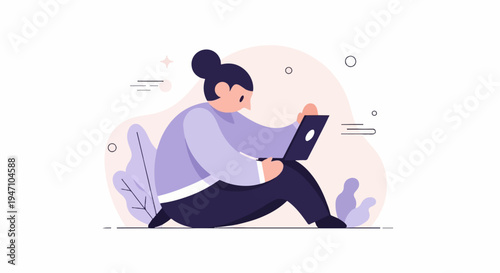 Person sitting on floor using a laptop, surrounded by abstract shapes and plants