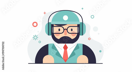 Bearded person with glasses and headphones, wearing a suit and tie