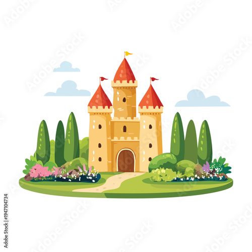Cartoon castle illustration with colorful turrets and surrounding greenery