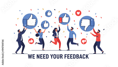 Group of diverse people celebrating while holding large thumbs up and thumbs down icons for social media feedback and reviews.