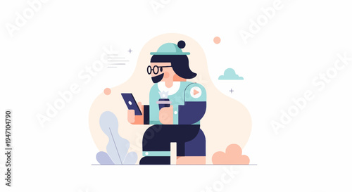 Person in a hat and glasses holds a phone and coffee, with abstract shapes
