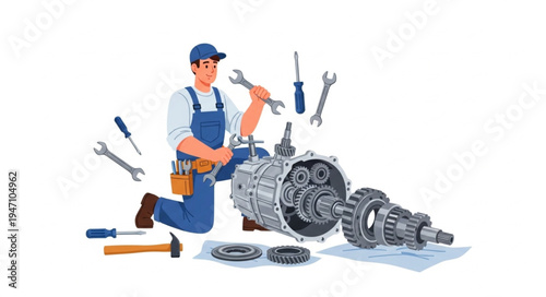 Mechanic Working on Engine Repair.