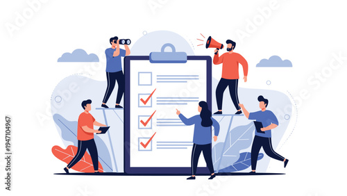 Collaborative team of professionals working together to complete tasks on a giant clipboard checklist in a modern business environment.