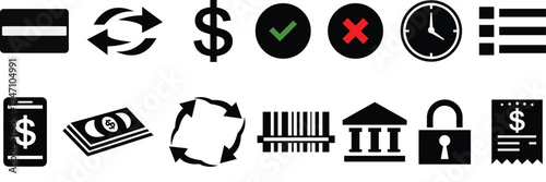 Set of black and white financial and transaction with colored symbols