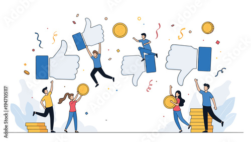 Diverse people interacting with social media like and dislike icons while collecting golden coins for online marketing and rewards.