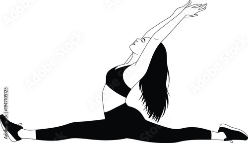 Woman in full split stretch pose illustration, flexibility training, yoga practice, gymnastics exercise, fitness and healthy lifestyle concept.