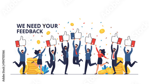 Energetic group of business professionals jumping with joy while holding thumbs up symbols near stacks of golden coins and confetti.
