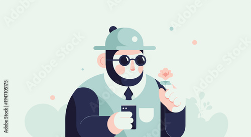 Minimalist man with sunglasses, hat, holding a flower and phone