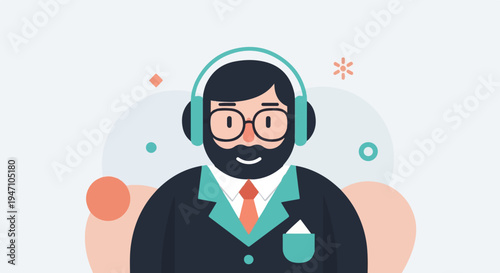 Flat illustration of a person with a beard wearing headphones and a suit