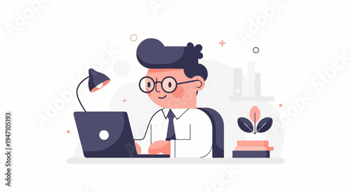 Person in glasses working on laptop at desk with plant and lamp