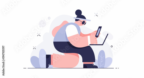 Person with laptop and phone, abstract shapes, leaves, x marks
