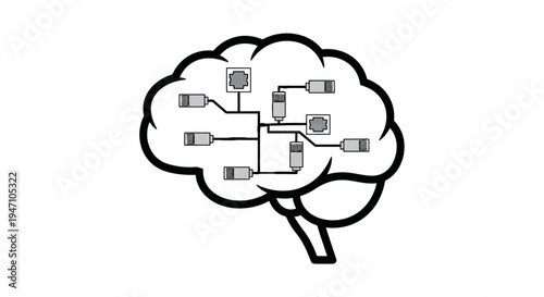 An illustration depicts a brain with circuit-like connections and plugs inside it.