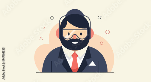 Person with goggles, headset, suit, and tie