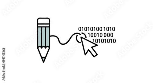 A graphic illustration of a pencil connected to binary code by a computer mouse cursor.