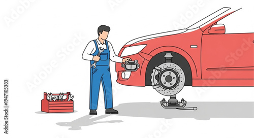 Mechanic working on red car.