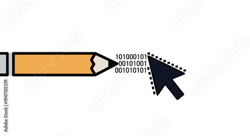 A graphic designer uses a computer cursor to click on a pencil with binary code, symbolizing technology and creative industry work.