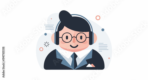 Friendly cartoon person with headphones and glasses, wearing a suit
