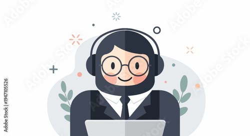 Friendly cartoon man in headphones and glasses works at computer