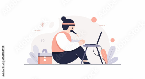 Person using microphone and laptop surrounded by abstract shapes and plants