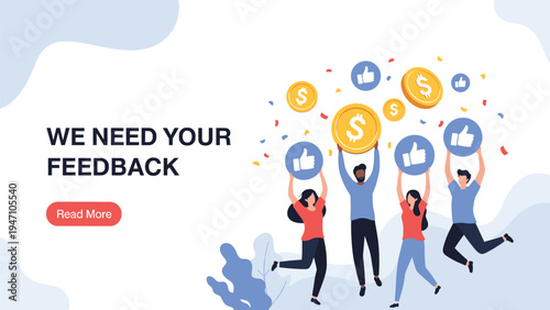 Team of young people celebrating success while holding up large golden coins and blue social media like icons on a light background.