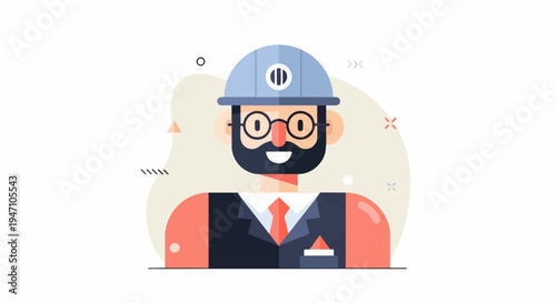 Flat illustration of a bearded man wearing a hard hat and glasses