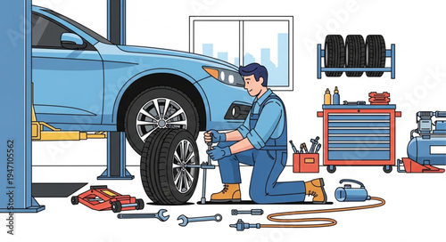 Mechanic working on car tire.