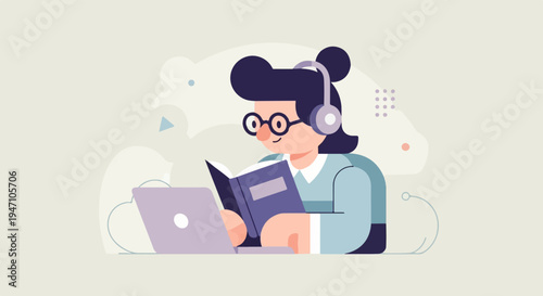 Person with headphones and glasses reading a book and using laptop