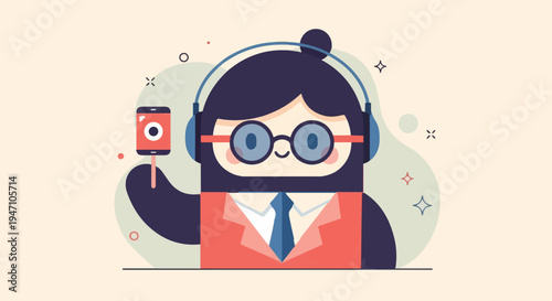 Flat illustration of a person with headphones, glasses, and a tie