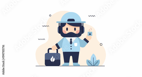 Cute cartoon figure in blue suit and cap holding a fuel canister and drink