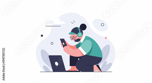 Person with headphones and glasses using phone and laptop