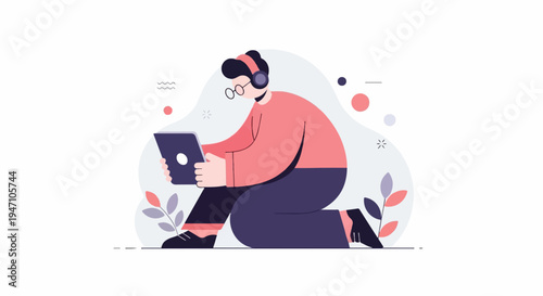 Person with headphones using a tablet on a white background