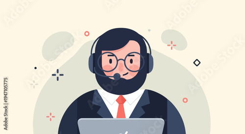 Friendly bearded person with headset and laptop, call center agent