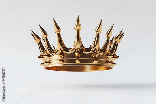 A shiny gold crown with sharp points and a circular base is displayed on a plain white background with a subtle shadow underneath the crown