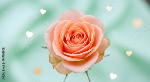 Fresh Peach Rose With White And Gold Floating Hearts On A Clean Minimal Mint Green Daylight Background