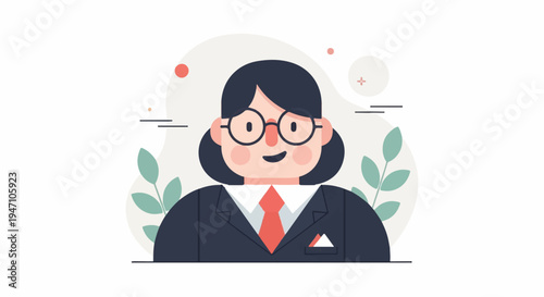 Flat illustration of a smiling woman in a suit with glasses, framed by leaves and abstract shapes