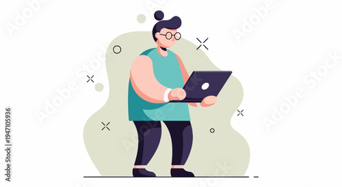 Character with glasses holds laptop against abstract background