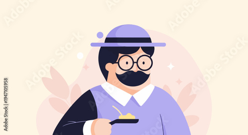 Flat illustration of a man in a hat and glasses holding a spoonful of food