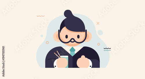Stylized businessman with a bun, mustache, and chopsticks