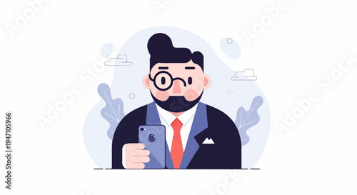 Flat illustration of a businessman winking while holding a smartphone