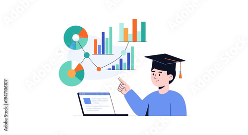 Academic Data Analytics: Graduate Student Interpreting Learning Performance Metrics, Charts, and Graphs on Laptop