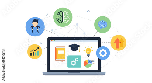 Online Education and E-Learning Platform Concept. Digital knowledge transfer, academic success, and skill development illustration on laptop.