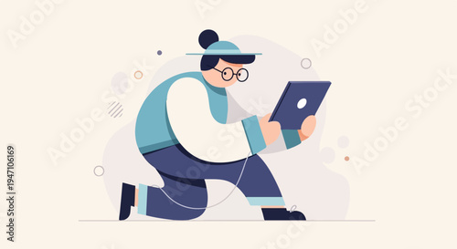 Person with a hat and glasses kneels while looking at a tablet device