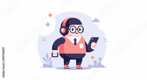 Cheerful person with headphones and phone, in stylish attire, surrounded by abstract elements
