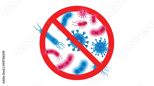 Red prohibited symbol placed over a variety of colorful microscopic bacteria and viruses to represent disease prevention and hygiene.
